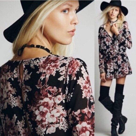 Free People Long Sleeve Floral Romper Size XS Bohemian Boho Playsuit Festival - Picture 2 of 8